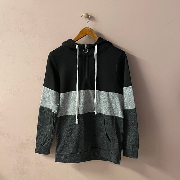 Barlver NWOT Black & Gray Striped Quarter Zip Pullover Hoodie Size S - Picture 1 of 11